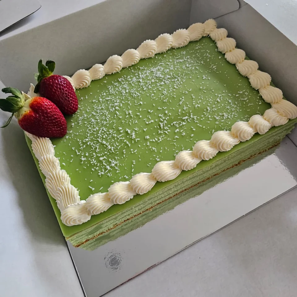 XL rectangular dairy-free pandan layer birthday cake by Amour Desserts