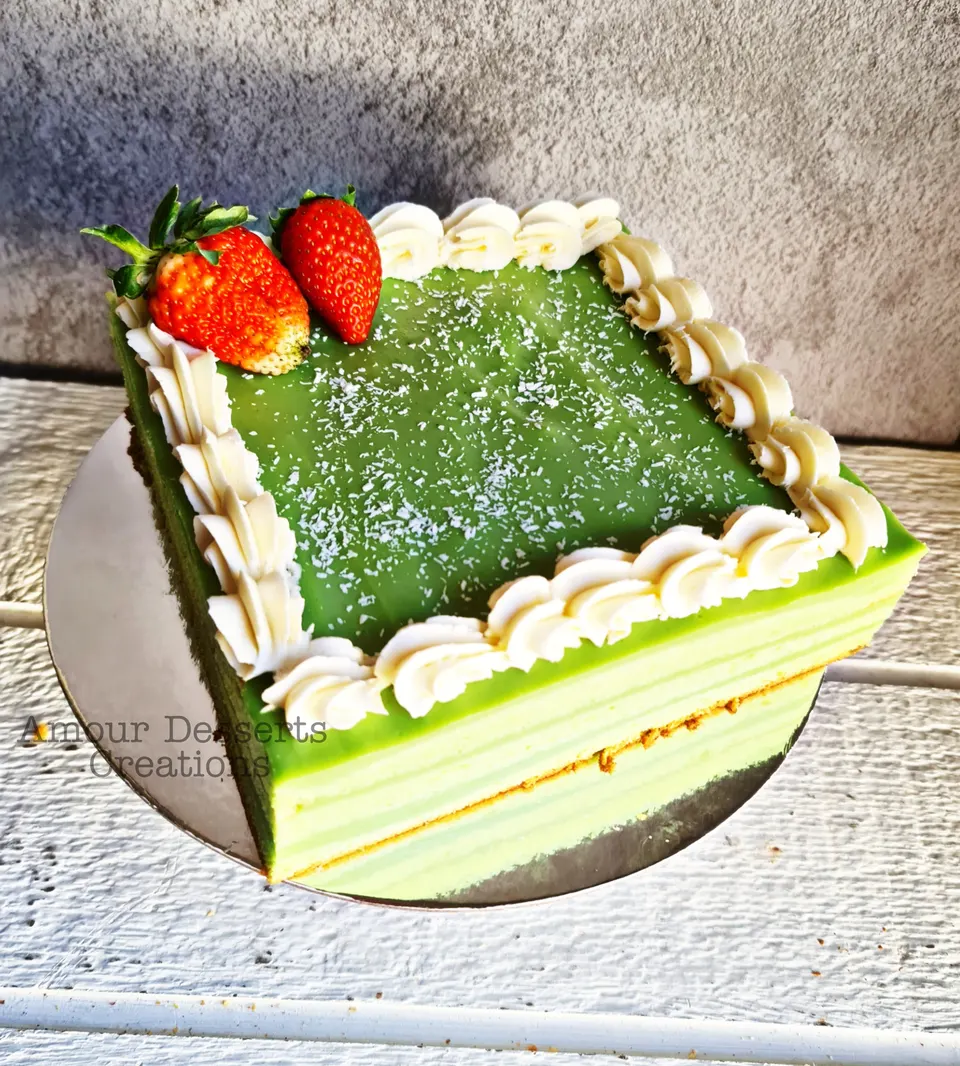 Square pandan layer birthday cake by Amour Desserts with green sponge and jelly layers
